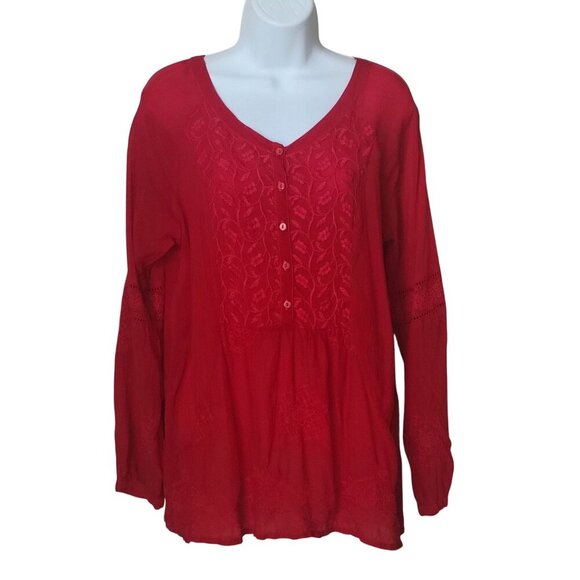 Johnny Was Red Embroidered Button-Front Long Sleeve Tunic Blouse Size S - Picture 3 of 12